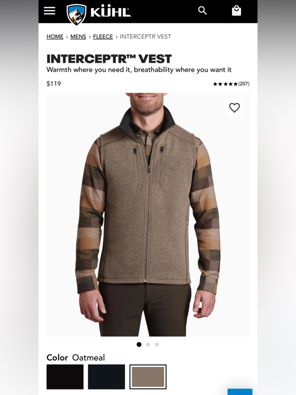 KÜHL INTERCEPTR Men's Vest Zip-Up Fleece - M - oatmeal